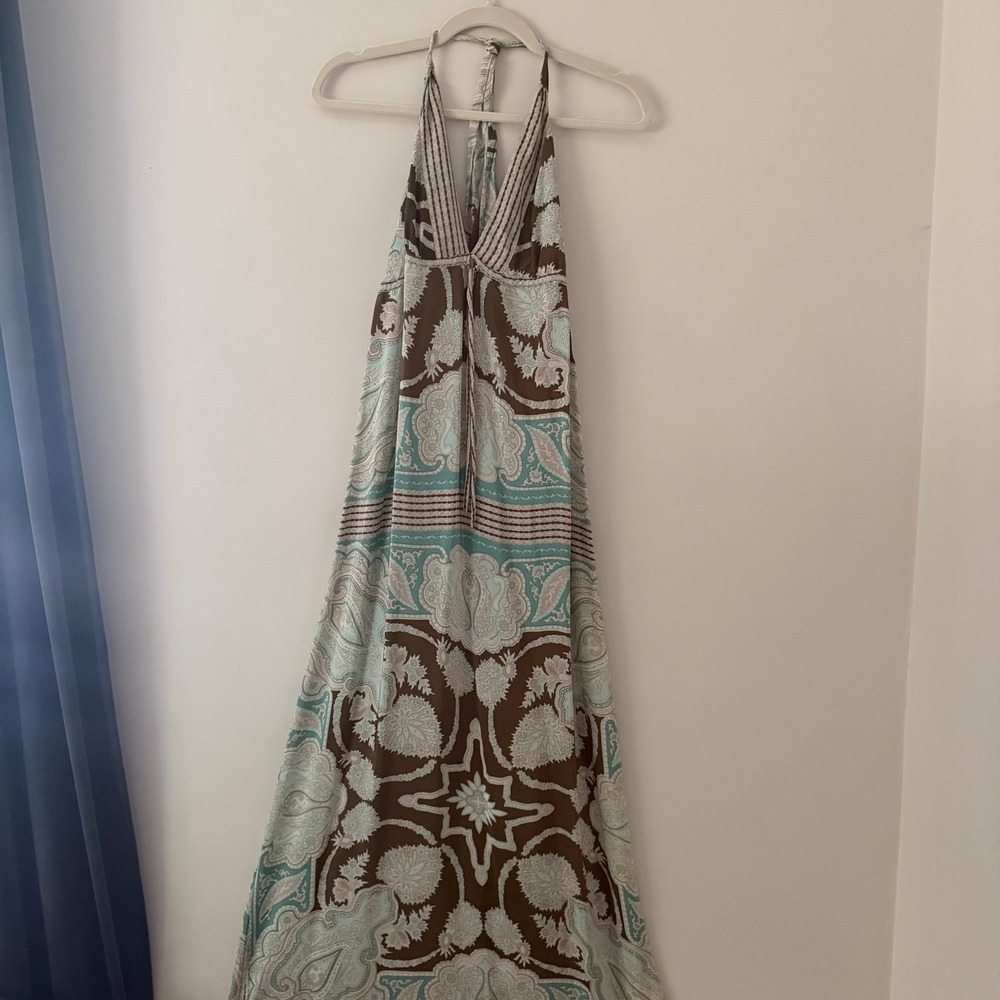 Gold Hawk Paisley Halter Maxi Dress Brown Teal Boho Womens Size Medium